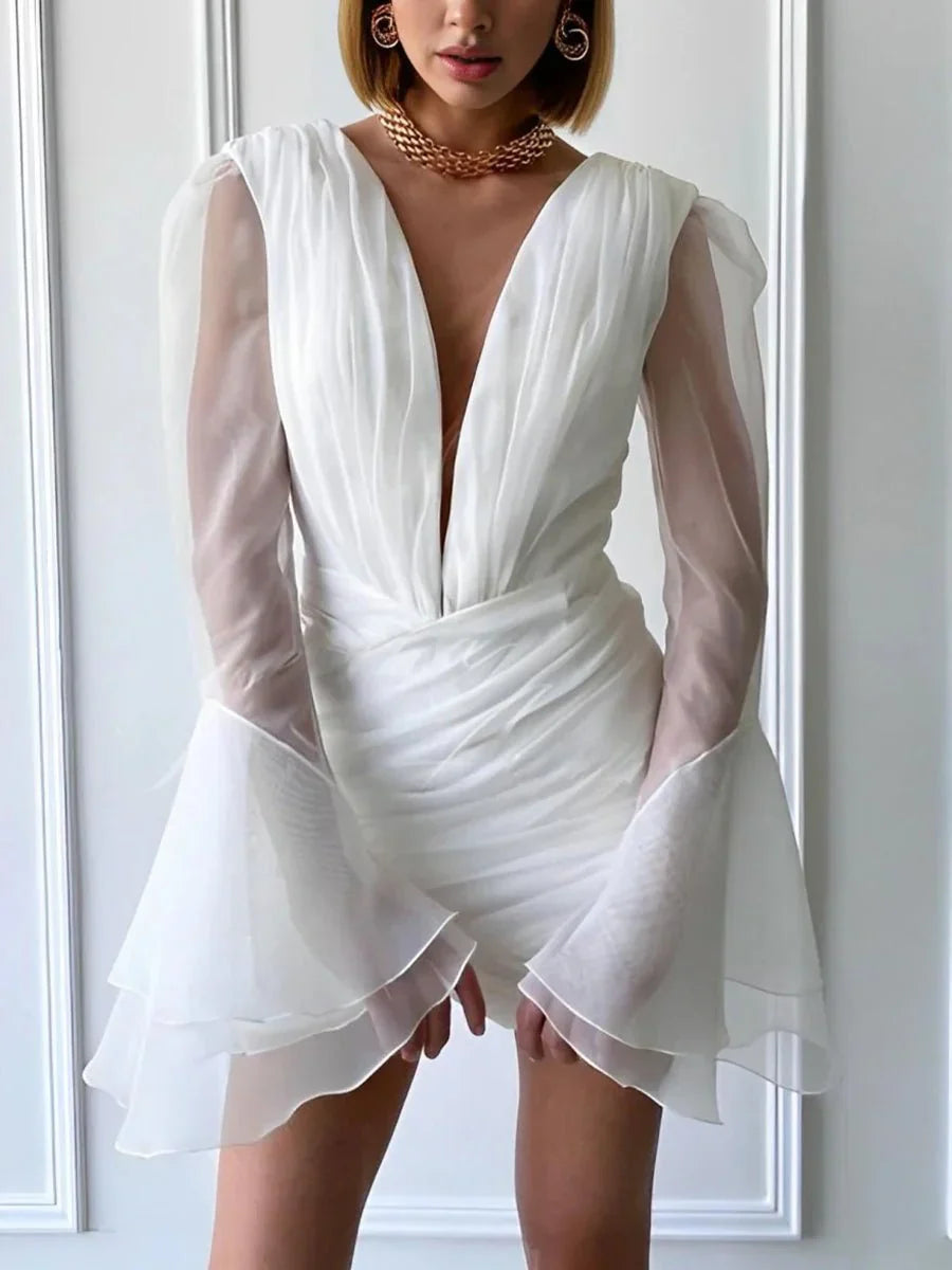 Sheath V Neck Long Sleeves Short Mini Tulle Little White Wedding Dresses