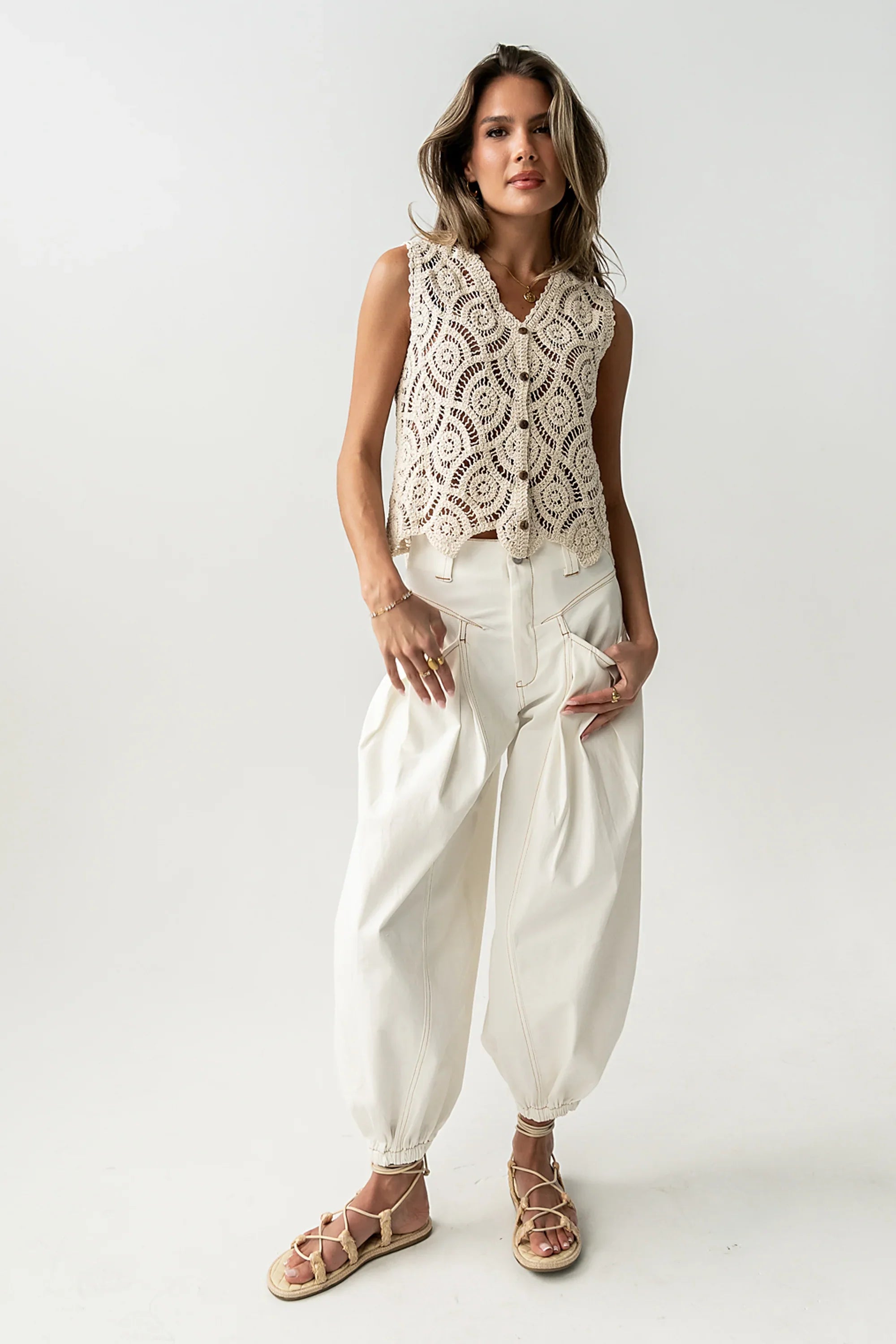 Vicky Crochet Vest in Tan