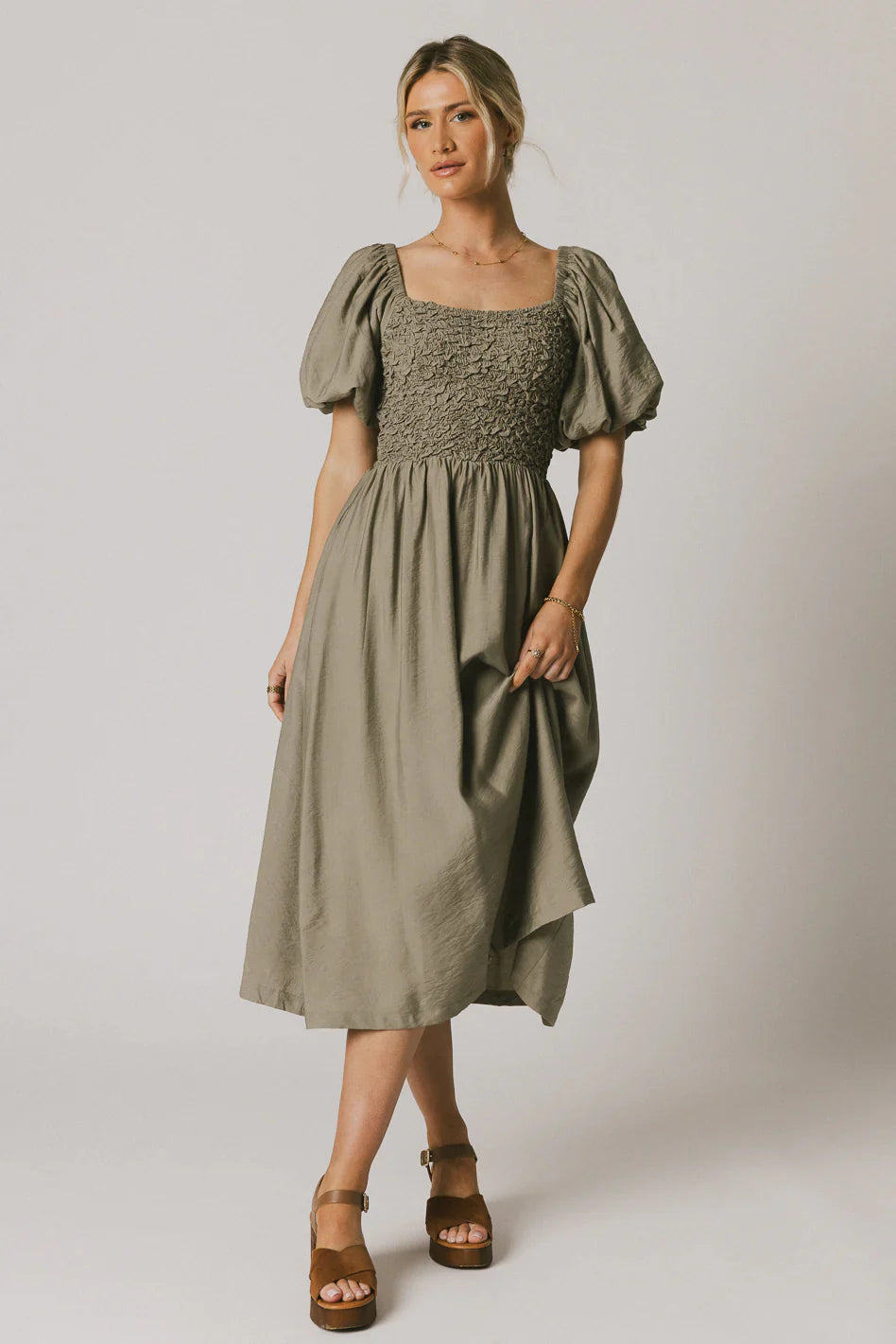 Janie Smocked Midi Dress in Olive FINAL SALE