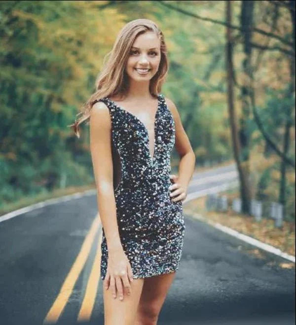 Sparkly Bodycon V Neck Navy Sequins Short Homecoming Dresses