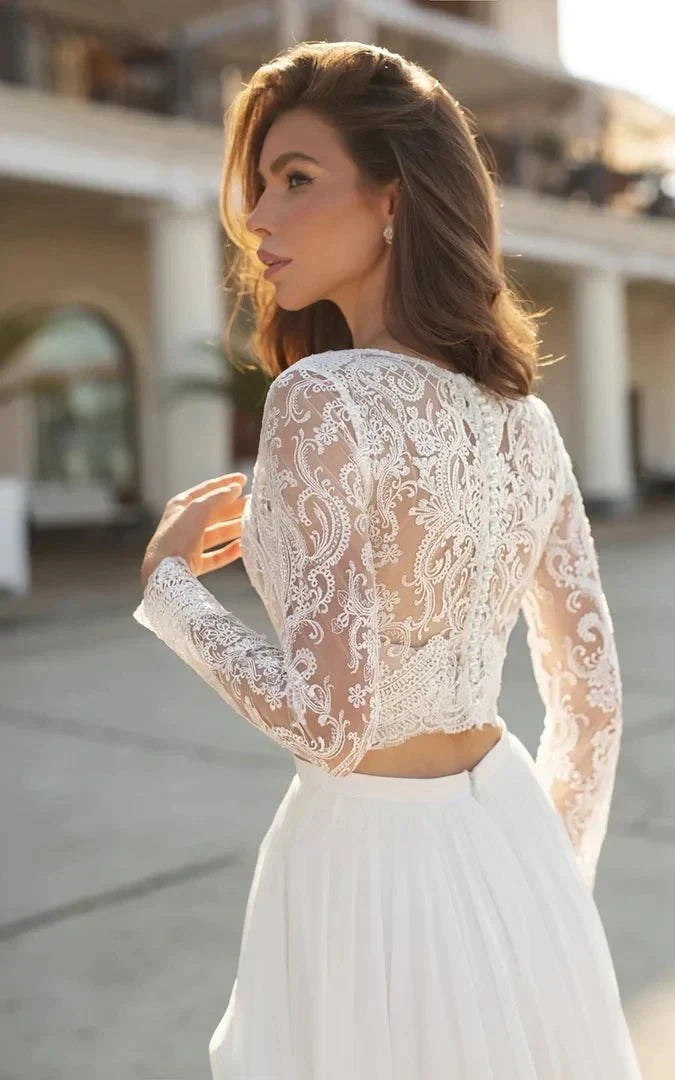 Two Piece V neck Wedding Dress with Sweep Train Lace Long Sleeves