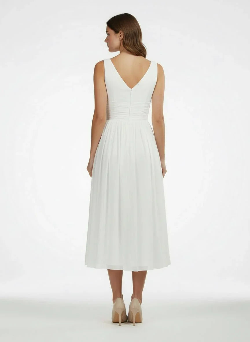 V Neck Sleeveless Tea Length Chiffon Wedding Dress With Ruching And Low V Back