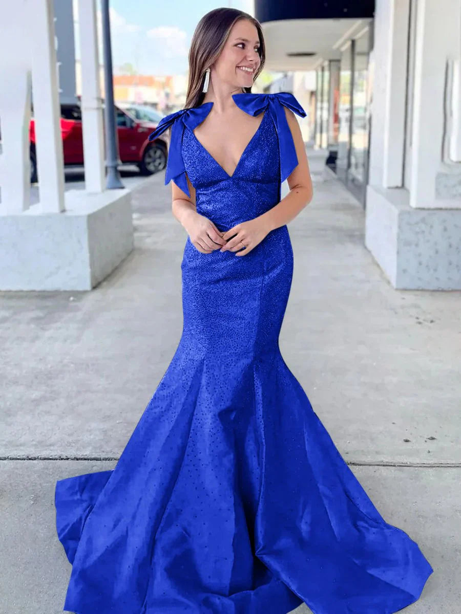 Sky Blue V Neck Mermaid Satin Long Prom Dress With Bow