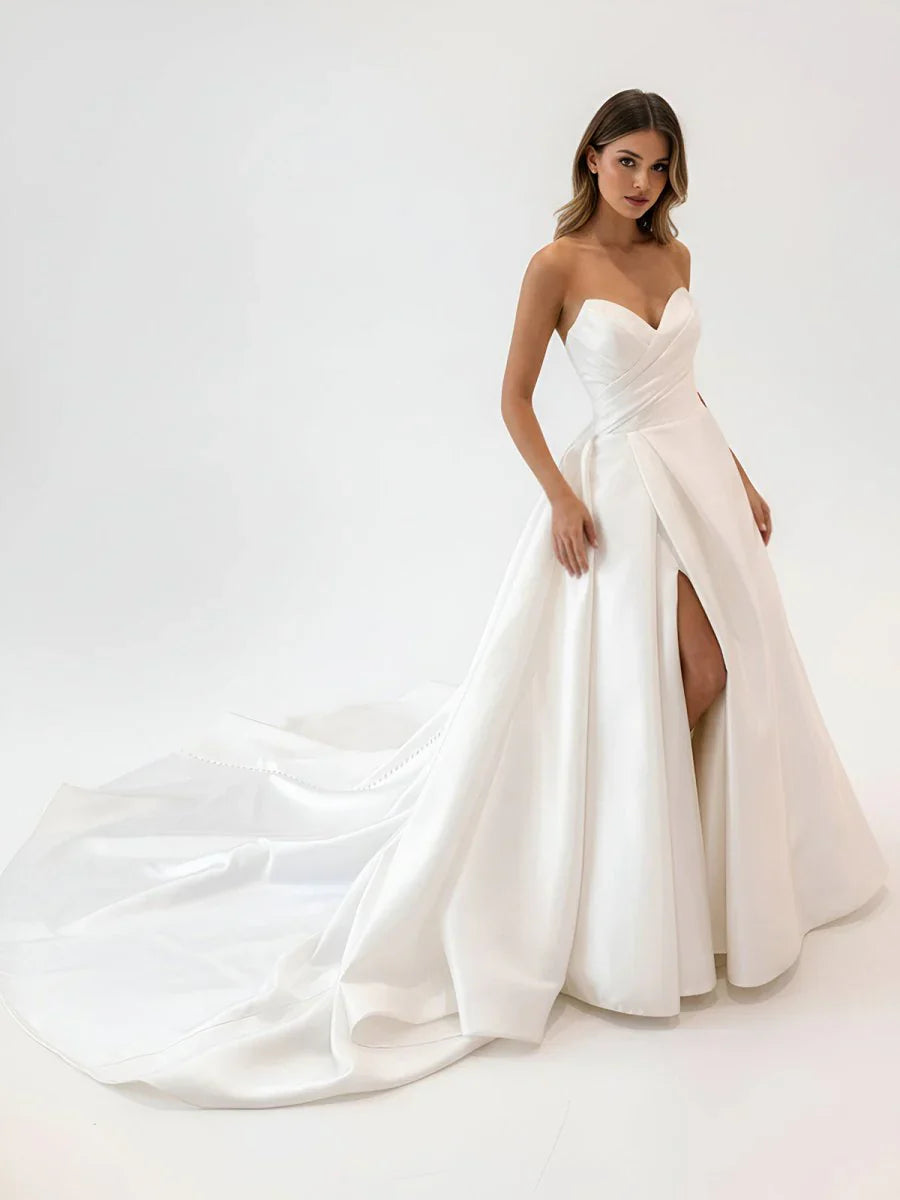 White Satin Long A Line Wedding Dress with Slit