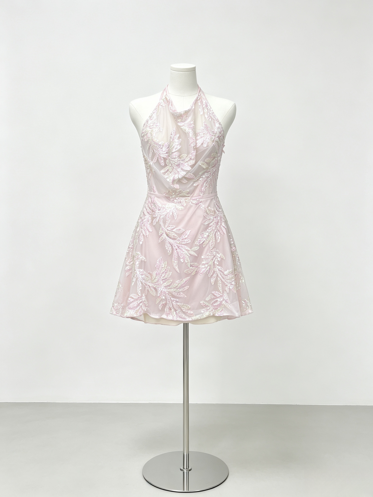 Halter Sequin Leaf Pattern Mini Bodycon Dress