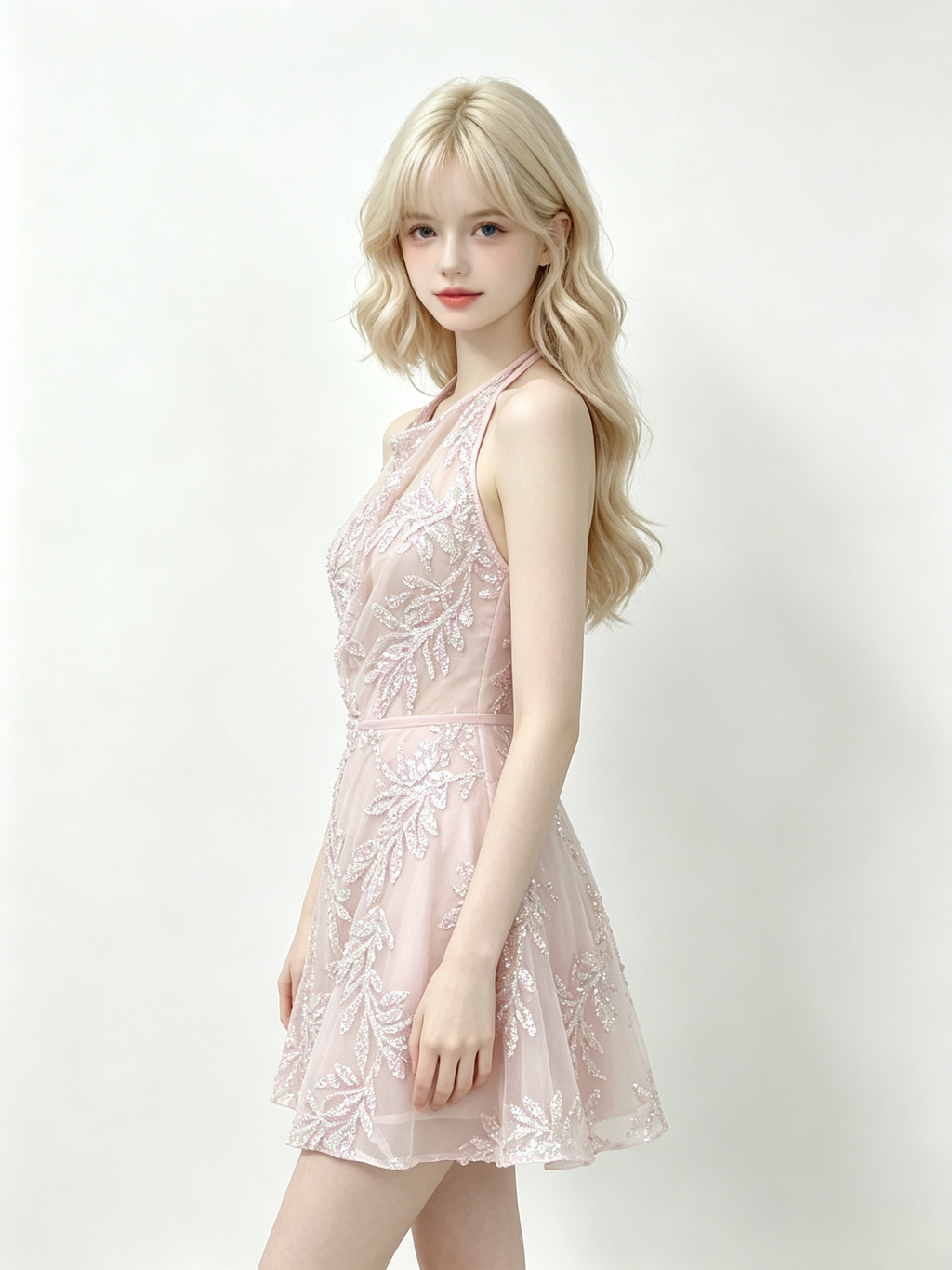 Halter Sequin Leaf Pattern Mini Bodycon Dress