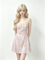 Halter Sequin Leaf Pattern Mini Bodycon Dress