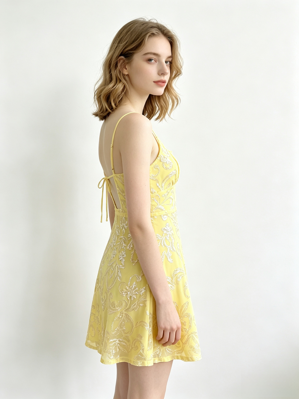 Yellow Glitter Crisscross Tie Back Mini Dress