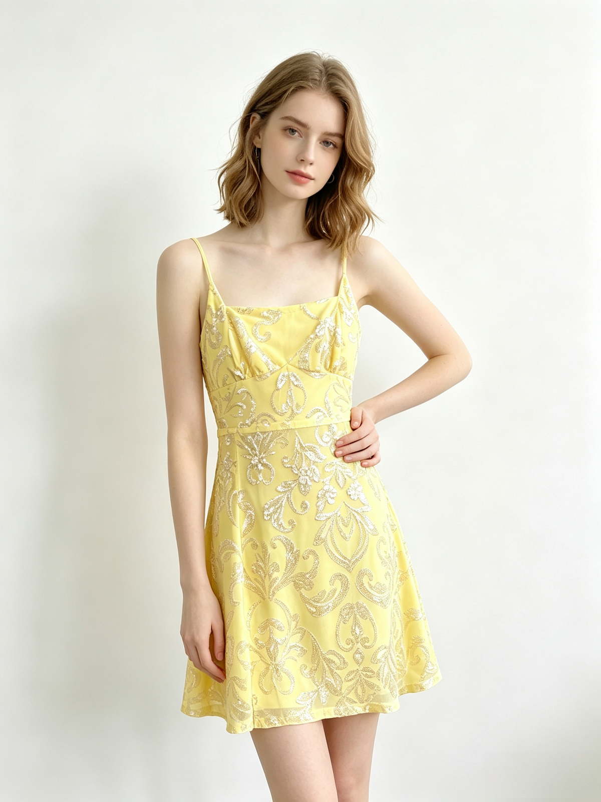 Yellow Glitter Crisscross Tie Back Mini Dress