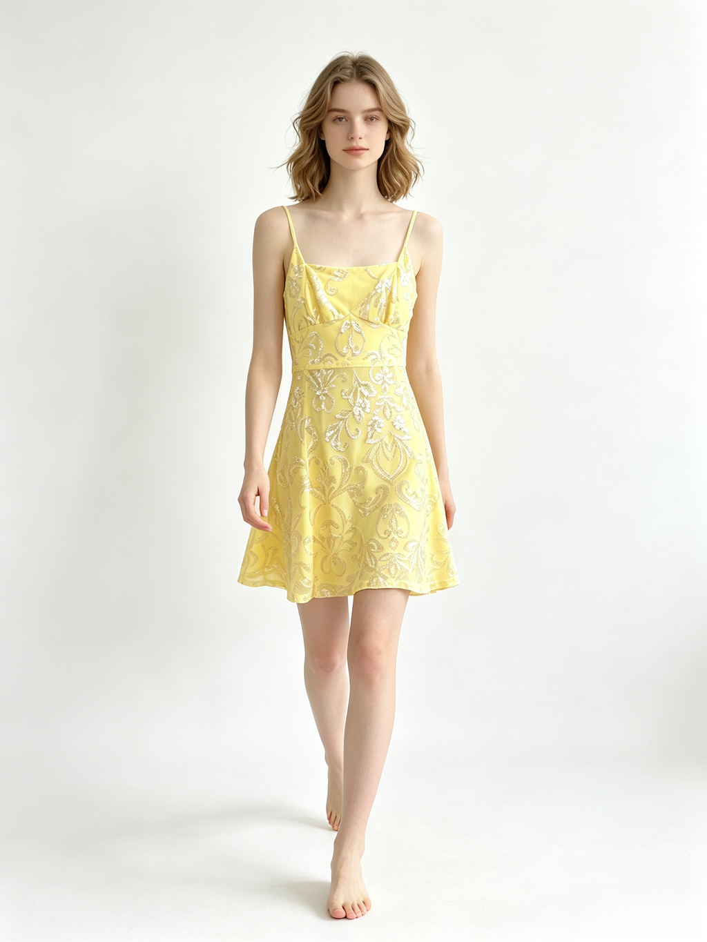Yellow Glitter Crisscross Tie Back Mini Dress