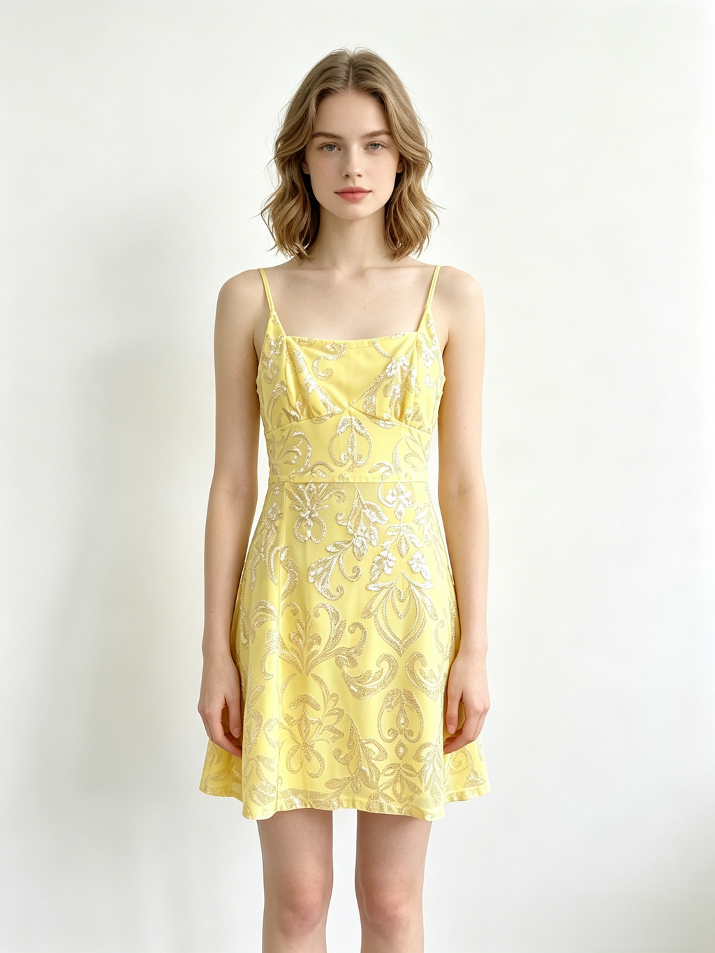 Yellow Glitter Crisscross Tie Back Mini Dress