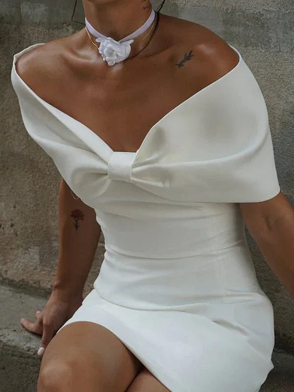 Sheath Off The Shoulder Sleeveless Satin Short Mini Wedding Dress With Bow