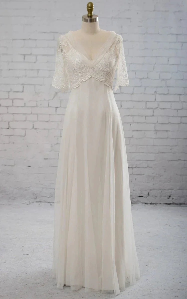 Sweetheart A line Chiffon Dress With Half sleeved Illusion Bodice