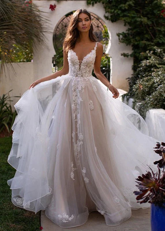 A Line Lace White Sweep Train Sleeveless Backless Wedding Dress