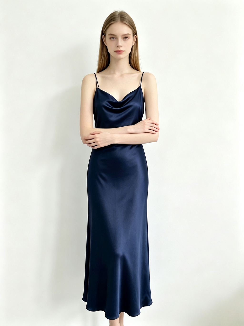 Navy Satin Cowl Neck Midi Slip Dress
