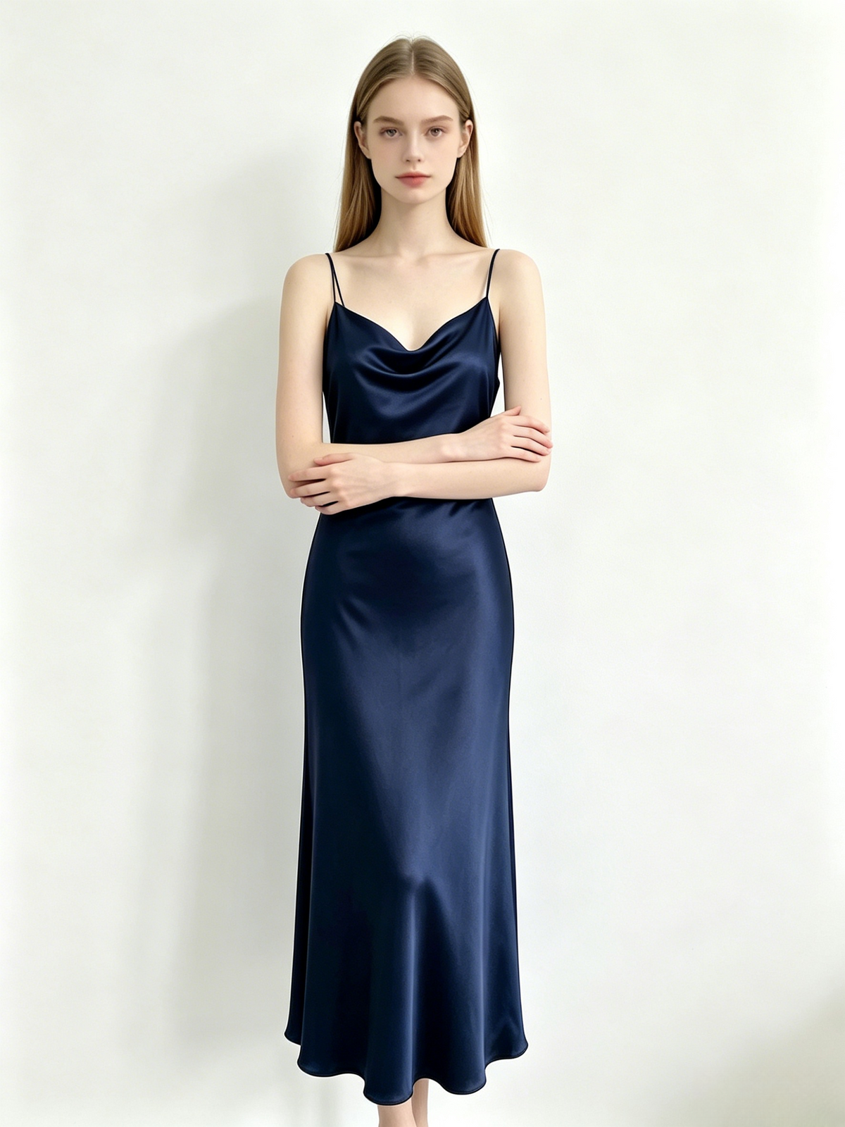 Navy Satin Cowl Neck Midi Slip Dress