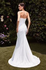 AVA POINTED V NECKLINE GOWN OFF WHITE STRAPLESS STRETCH SPANDEX SATIN FITTED DRESS