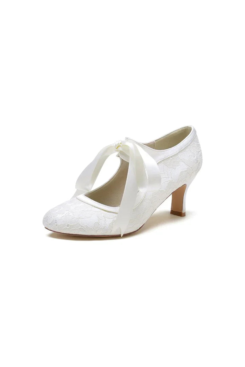 Ivory Lace High Heels Featuring a Classic Bow Design