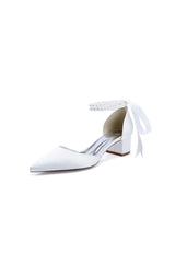 Pointed Toe Double Pearl Ankle Strap Party Shoes With Ribbon Tie