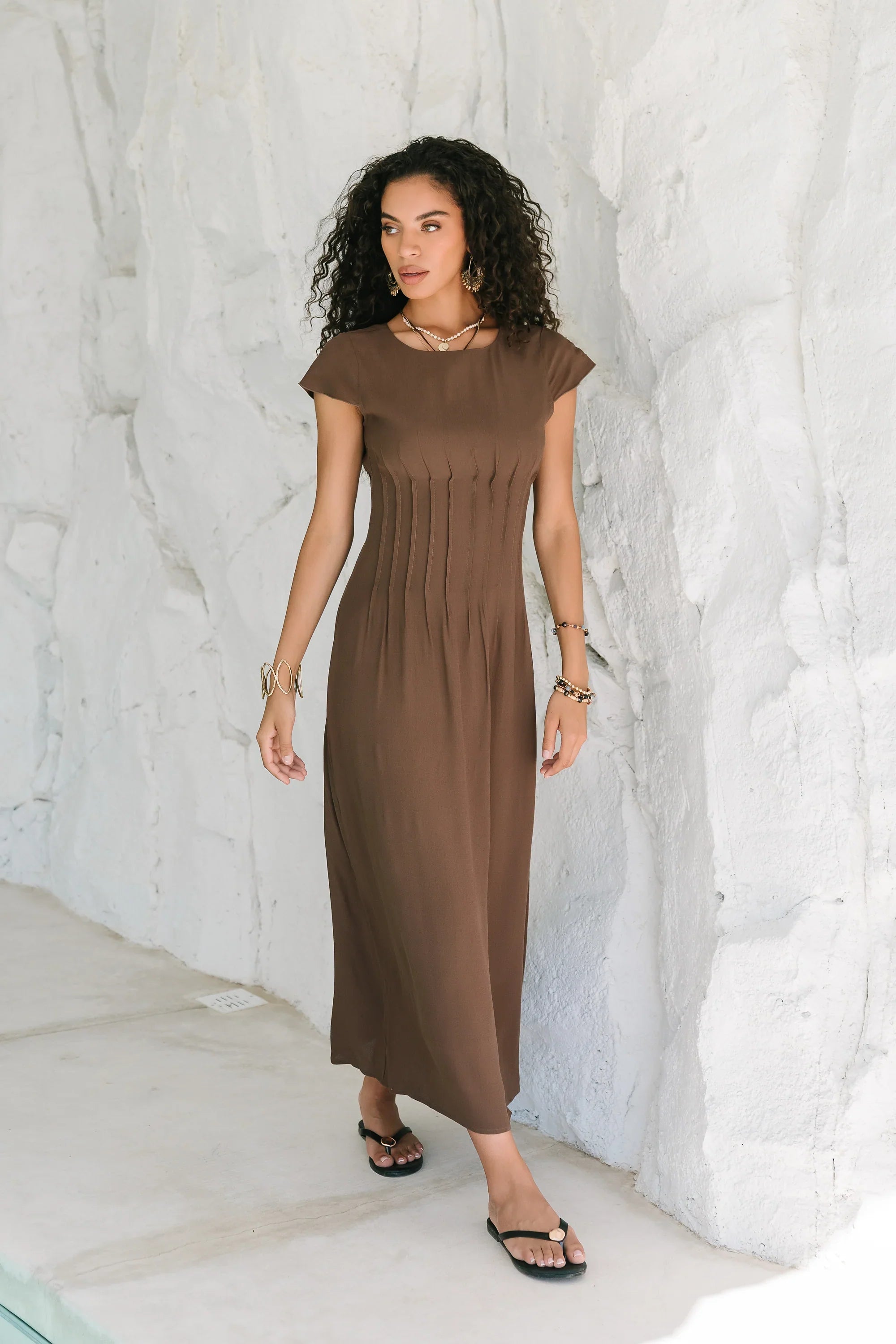 Carolina Pleated Maxi Dress in Brown