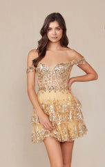 BRENNA MINI DRESS GOLD OFF SHOULDER TIERED SHORT DRESS