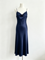 Navy Satin Cowl Neck Midi Slip Dress