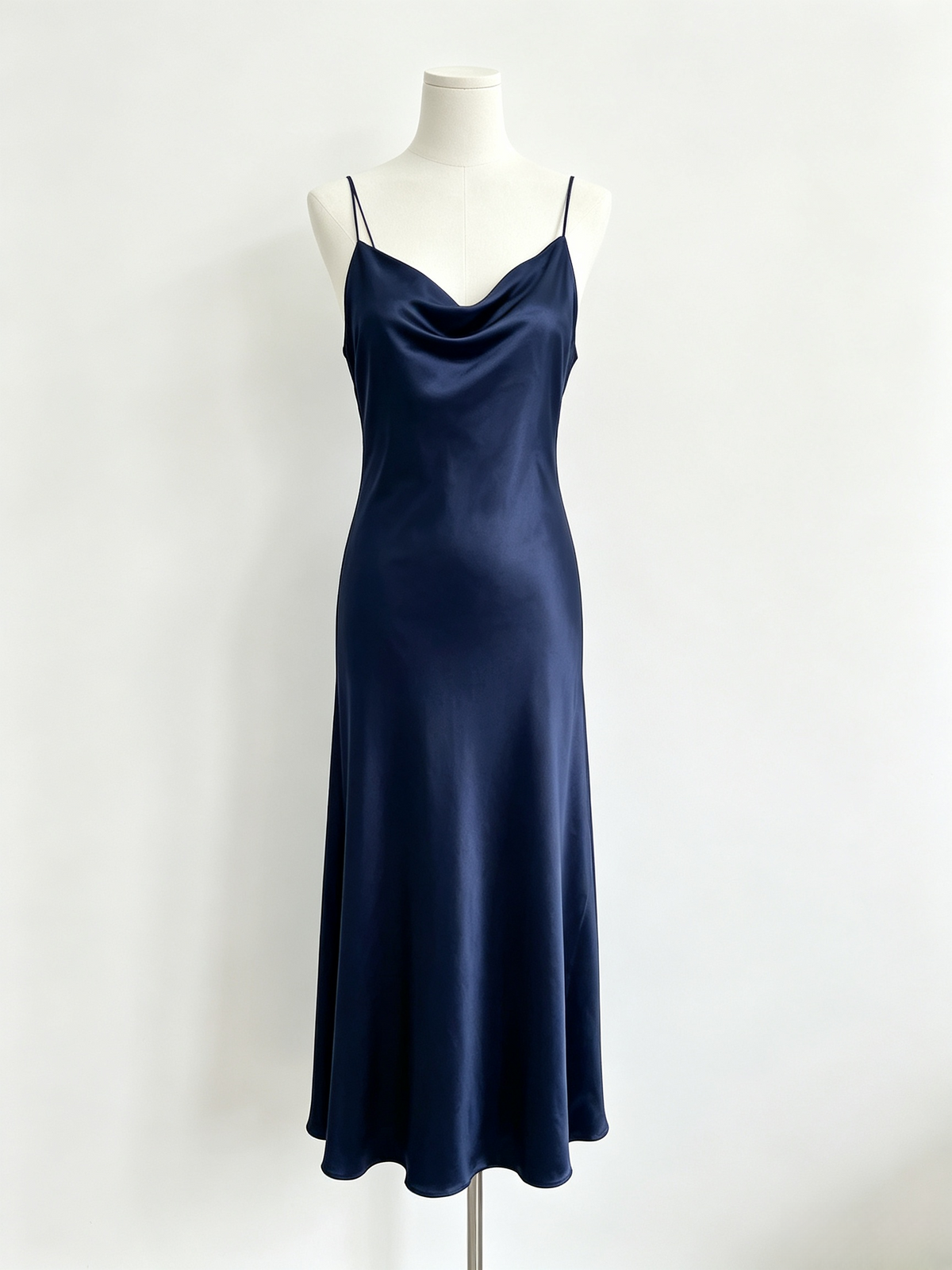 Navy Satin Cowl Neck Midi Slip Dress