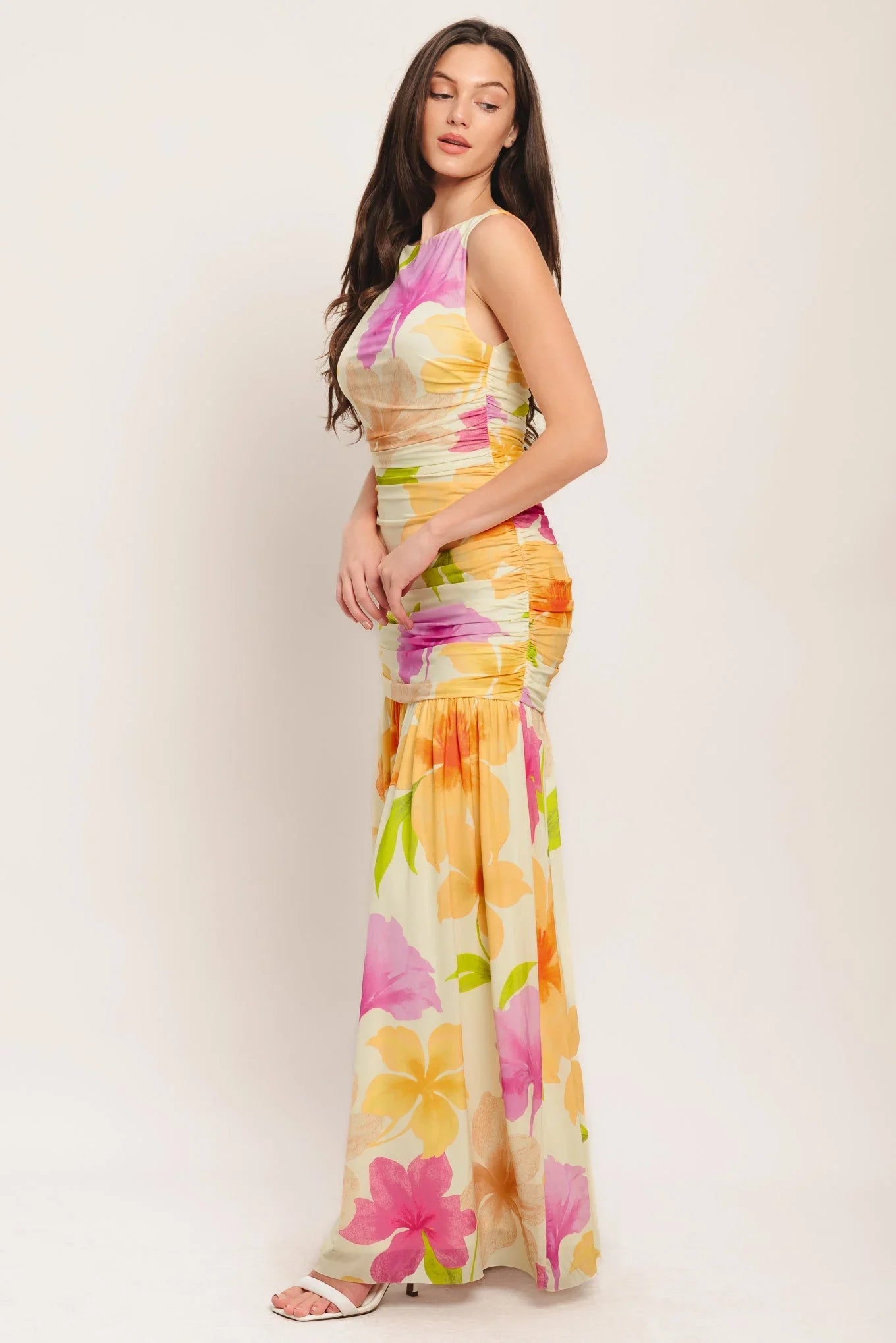 WARM BREEZE BLOOMS POWER MESH MAXI DRESS
