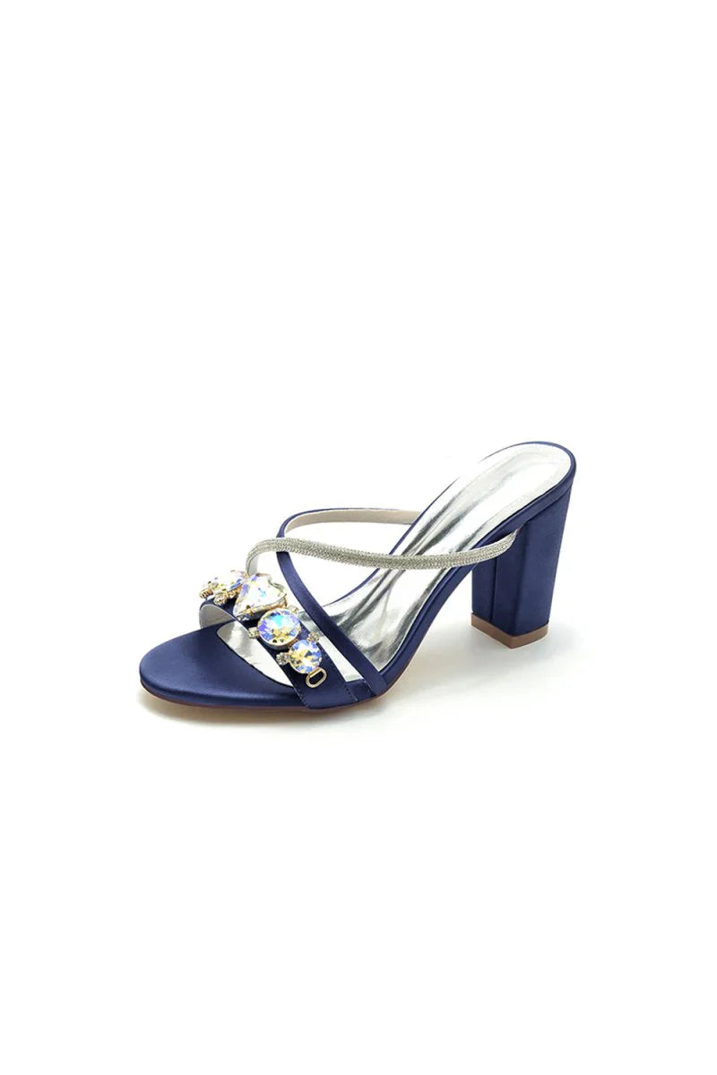 Royal Blue Block Heels with Rhinestone