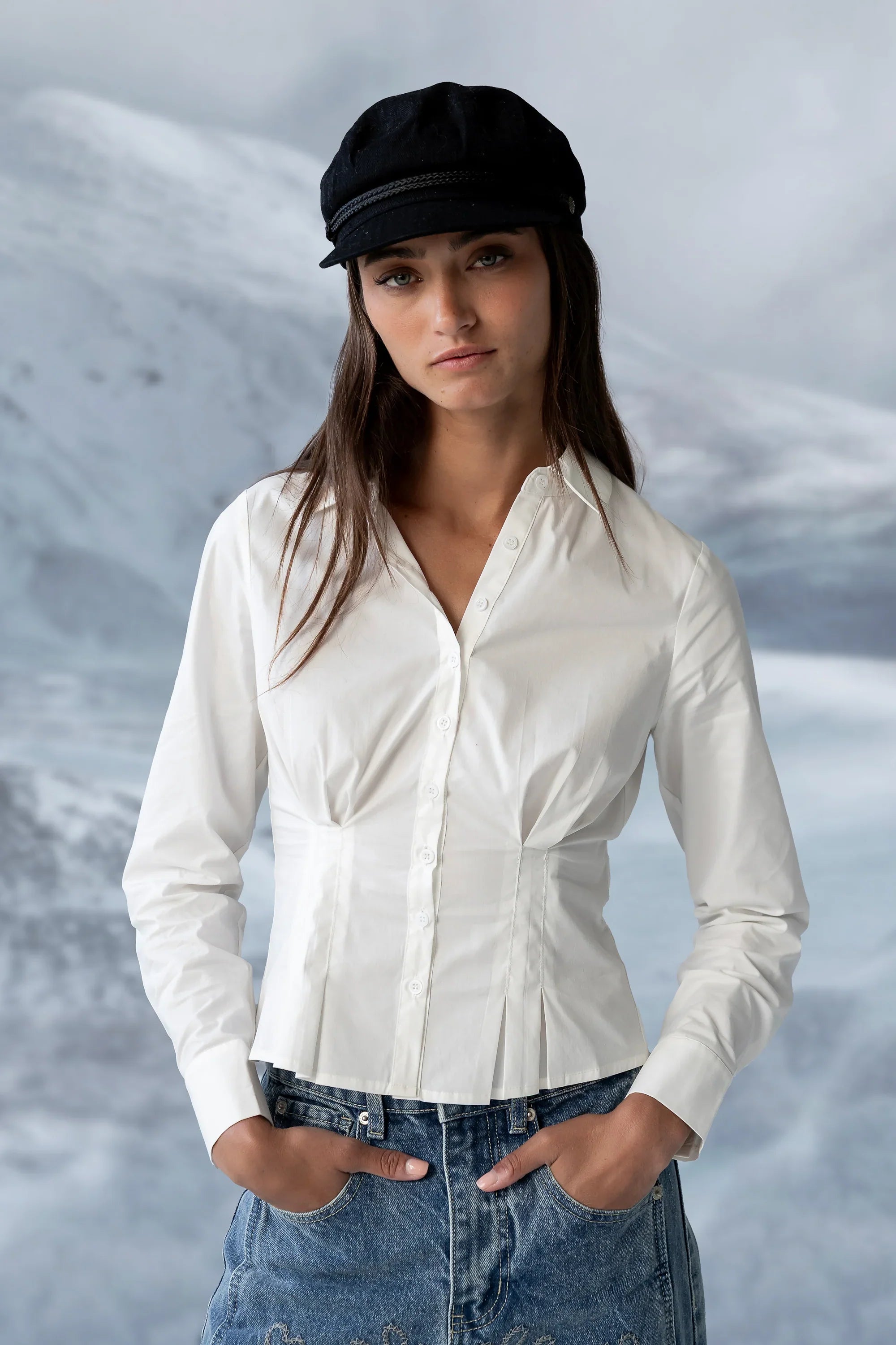 Brecken Pleated Button Up in White