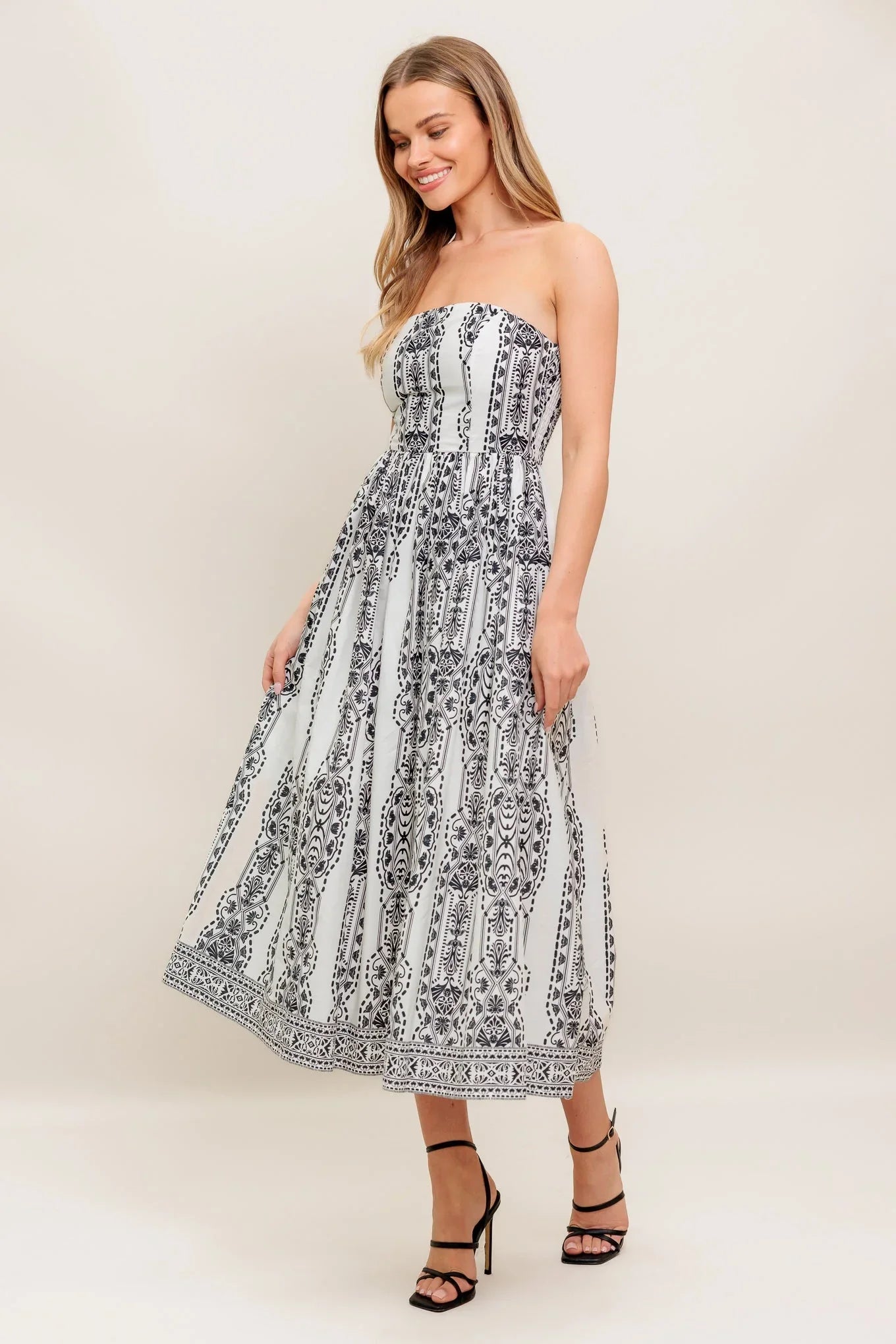 SUMMER SILHOUETTE STRAPLESS BLACK WHITE MIDI DRESS