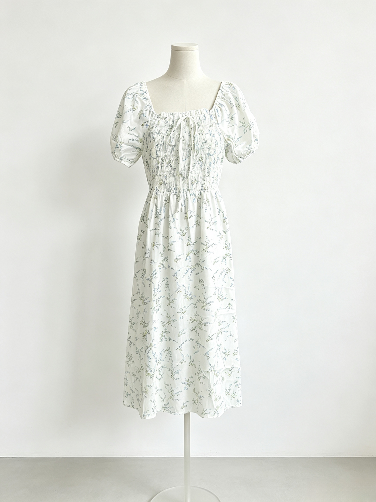 White Floral Puff Sleeve Midi Dress