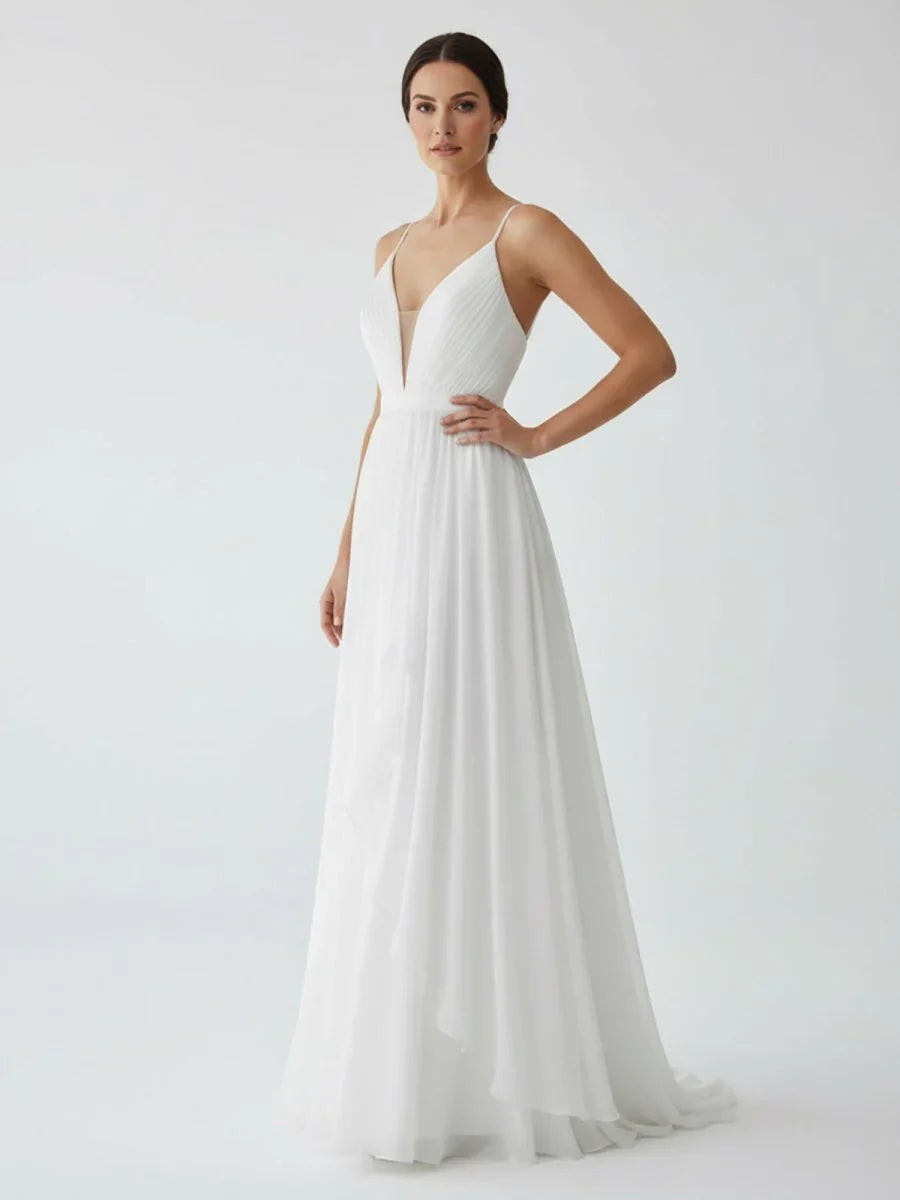 A Line V Neck Straps Spaghetti Sheath Chiffon Wedding Dress