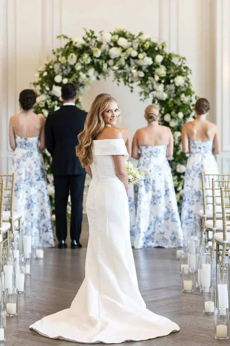 A line Strapless Printed Floarl Satin Long Bridesmaid Dresses
