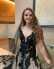 A Line V Neck Open Back Court Train Black Wedding Dress With Veil