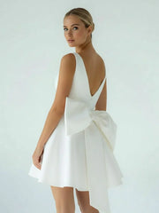 A Line White Satin V Neck Short Wedding Dress with Bow