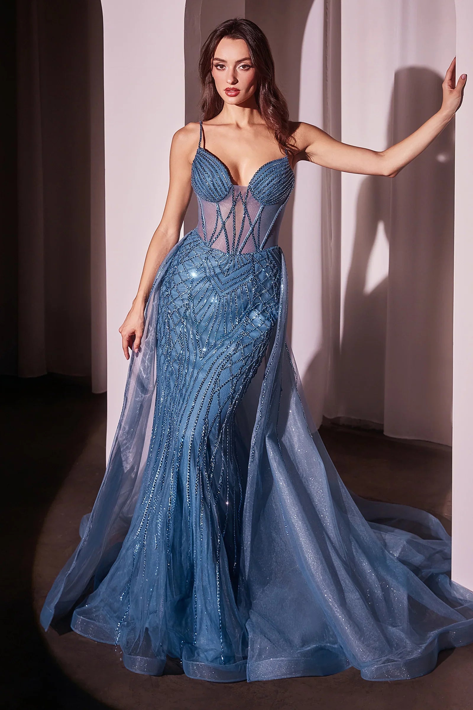 ODESSA GOWN BEADED FITTED GOWN WITH OVERSKIRT