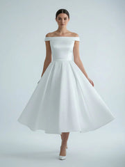 Sleeveless Tea Length Satin Wedding Dress With Sash And Off The Shoulder Neck