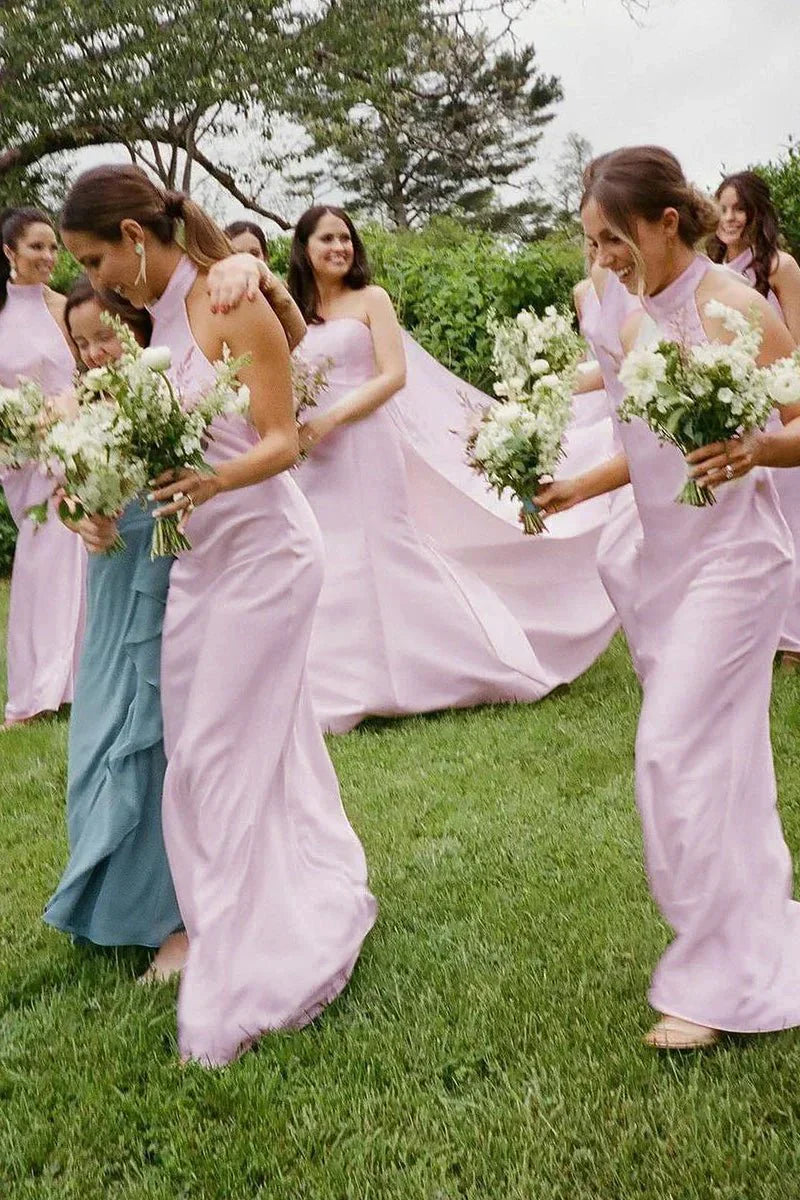 Sheath Halter White Silk Satin Long Bridesmaid Dresses