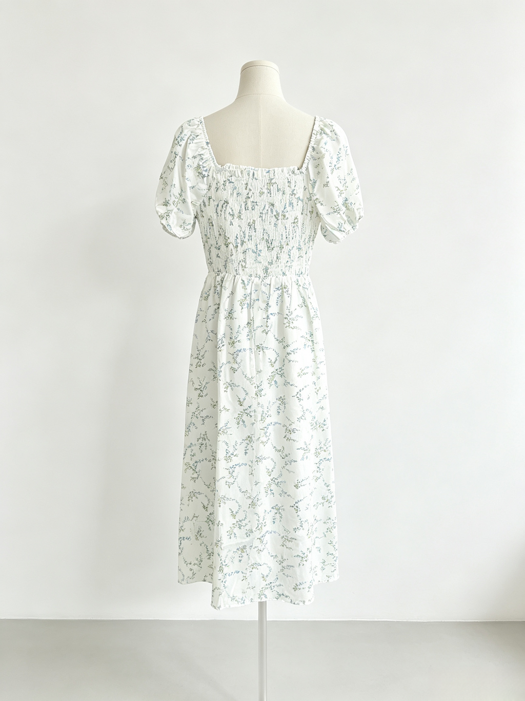 White Floral Puff Sleeve Midi Dress