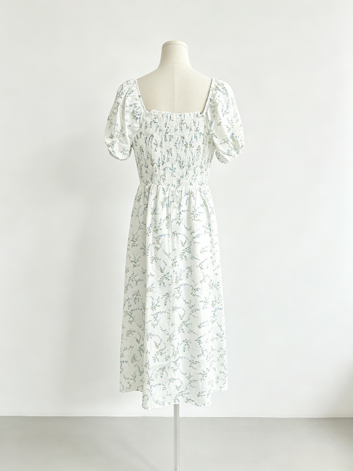 White Floral Puff Sleeve Midi Dress
