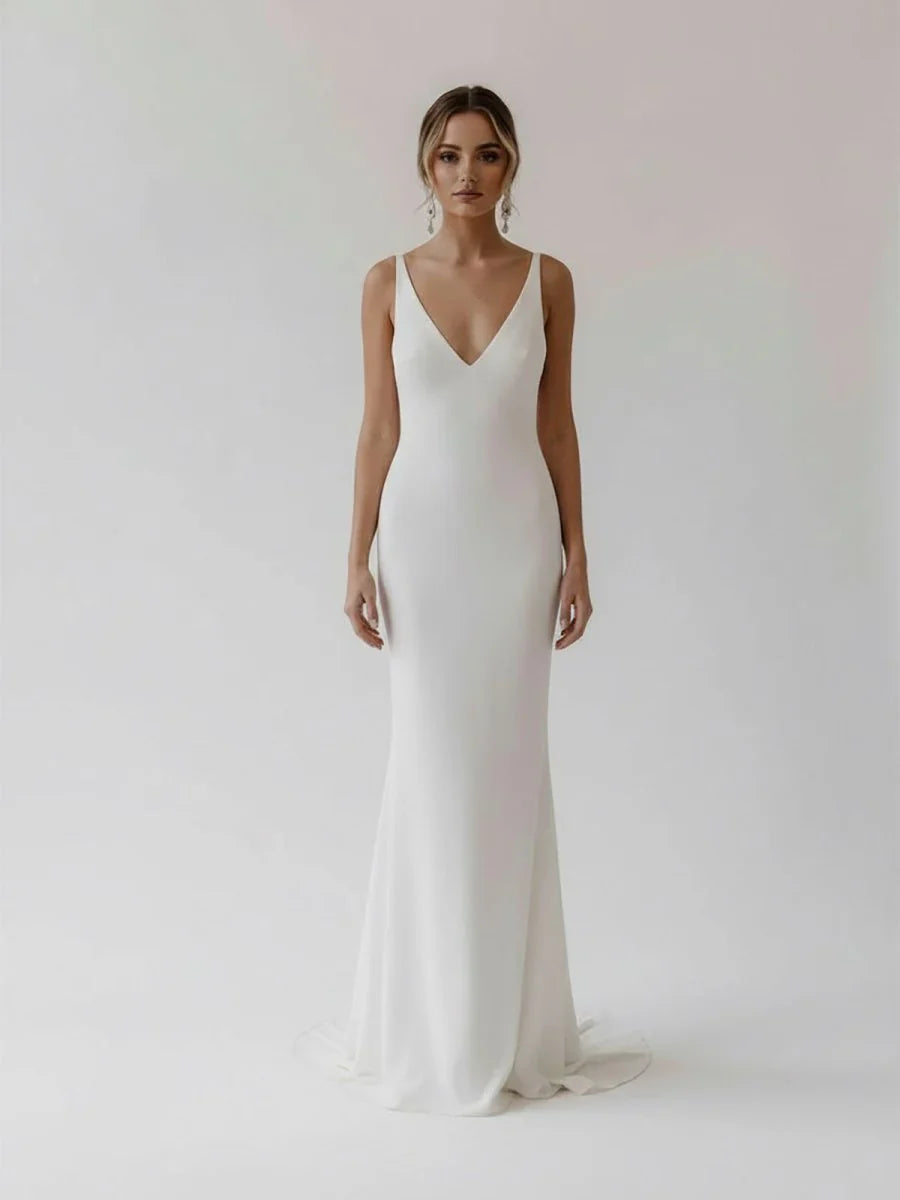 Mermaid Deep V Neck Backless White Wedding Dress