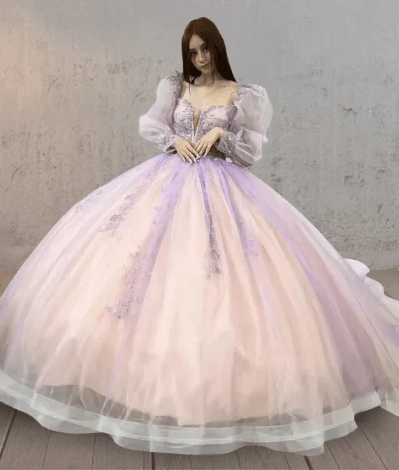Pink Ball Gown Tulle Long Sleeve Quinceanera Dress