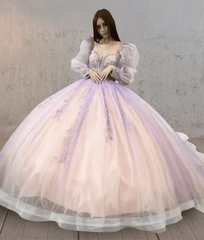 Pink Ball Gown Tulle Long Sleeve Quinceanera Dress