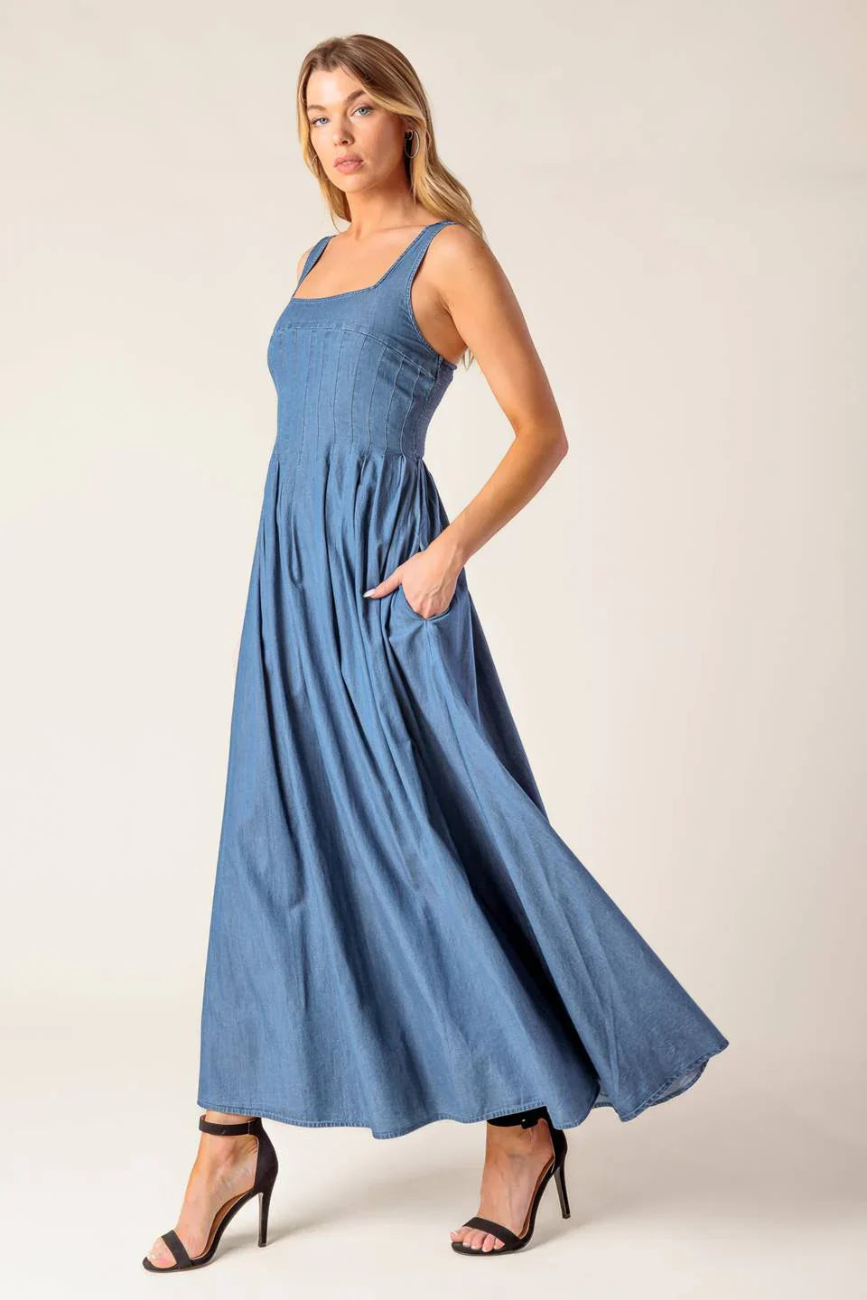 BLUE RIDGE DREAMS PINTUCK DENIM MIDI DRESS