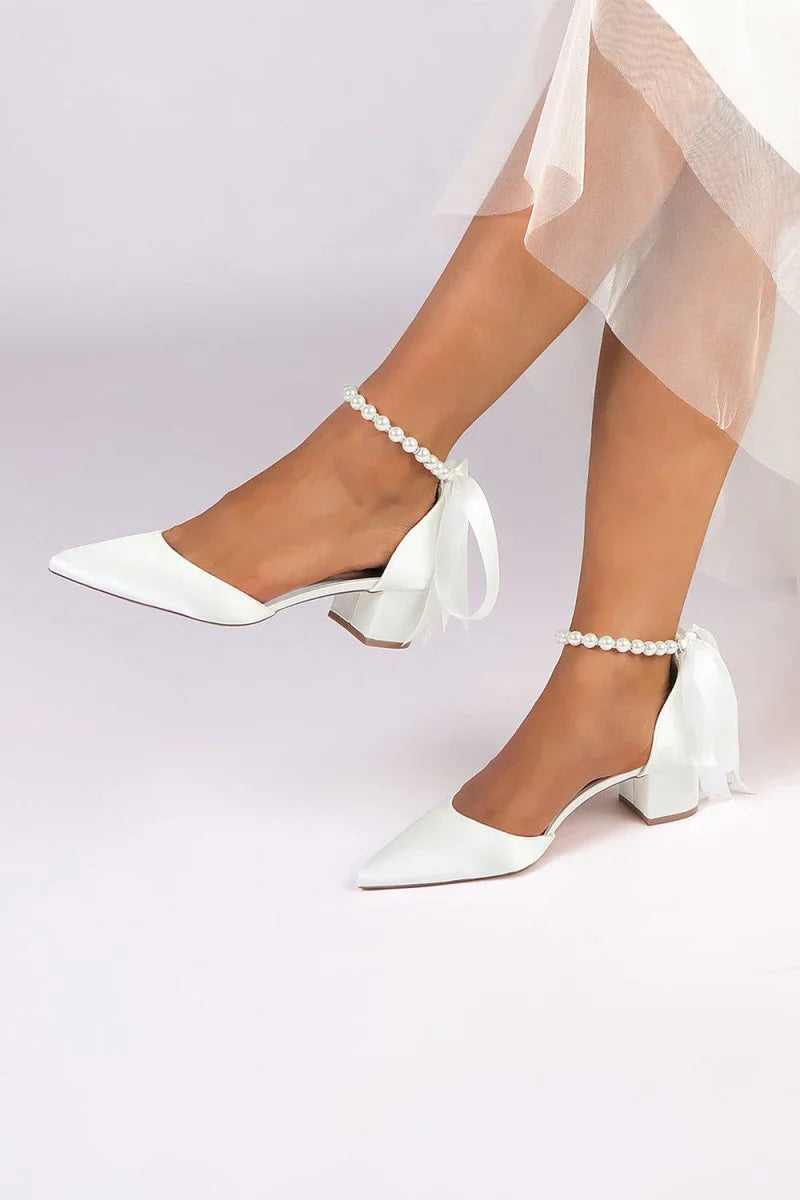 Pointed Toe Satin Pearl Ankle Strap Block Heels With Ribbon Tie