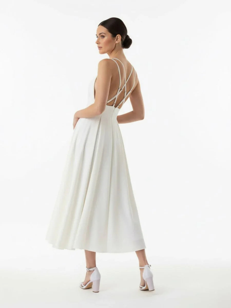 A Line V Neck Sleeveless Satin Knee Length Wedding Dress