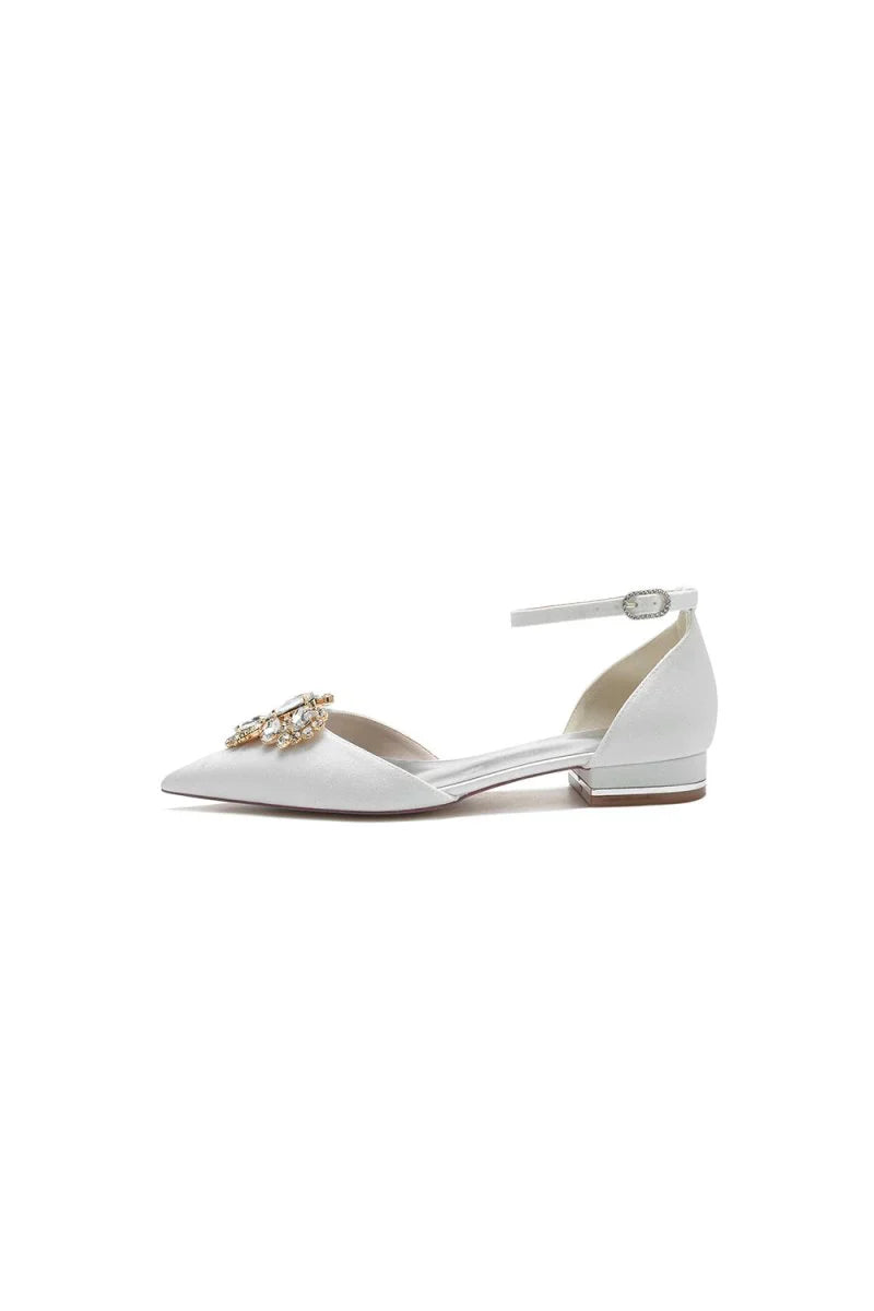 Pointed Toe Glitter Ankle Strap Low Heels With Rhinestone