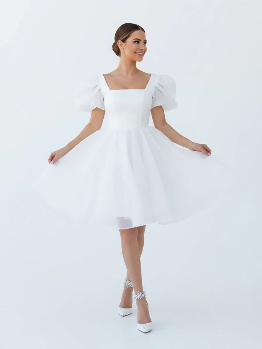 A Line Square Neck Short Wedding Dress With Puffy Pearls Sleeves