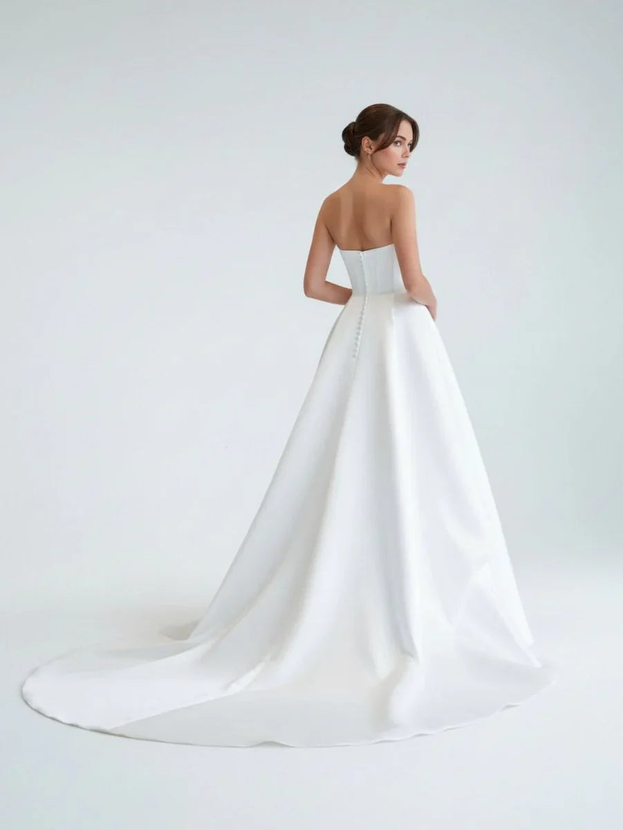 A Line Strapless White Satin Wedding Dresses with Slit